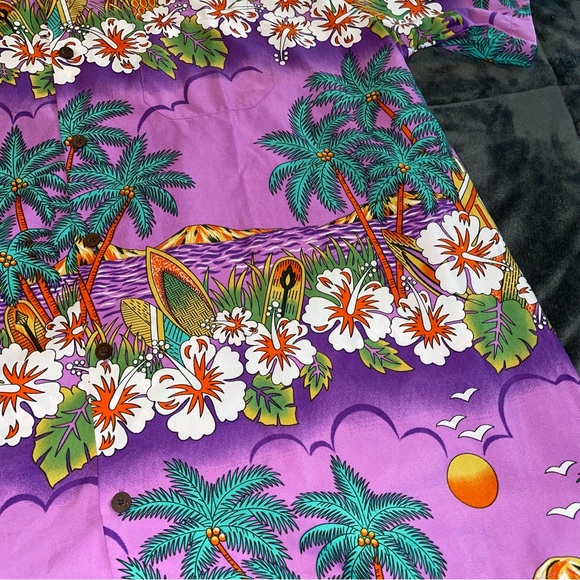 Lvish Hawaiian Print Button Down Shirt Men’s Sz 2XL Purple Teal Palm Trees Surf - Picture 5 of 7
